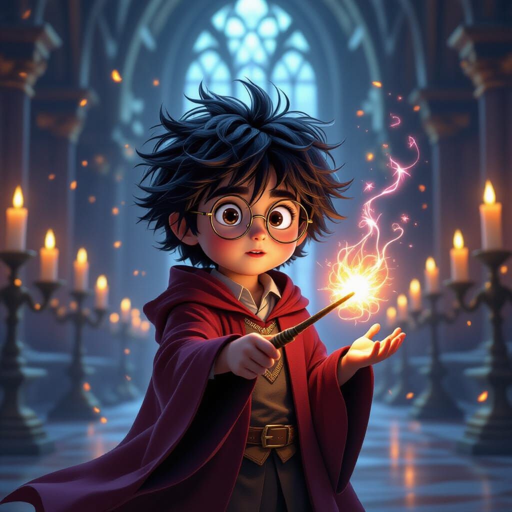Young Wizard Casts Spell in Candlelit Hall