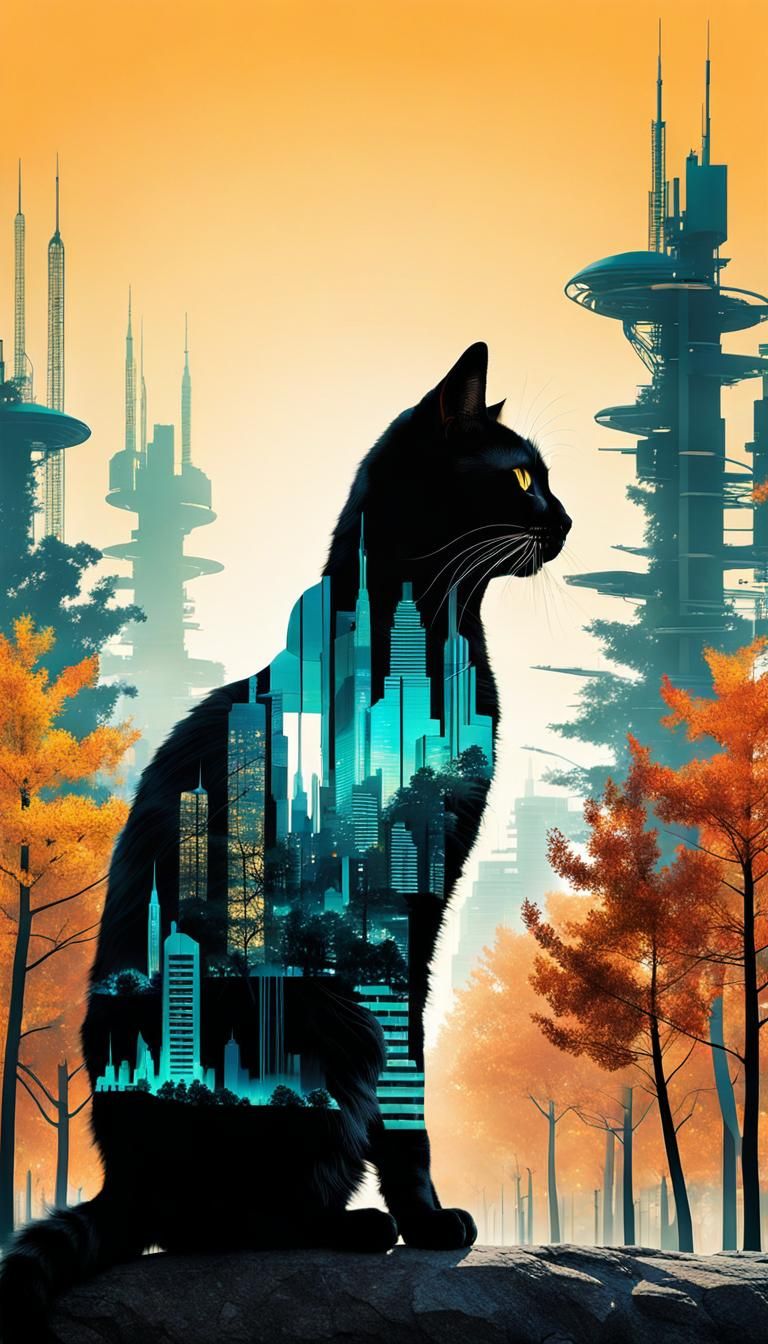 Cat Silhouette in Futuristic Cityscape Double Exposure
