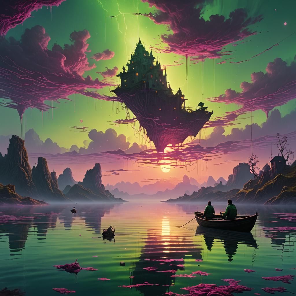 Person Fishing in Cup Boat: Fantasy Concept Art