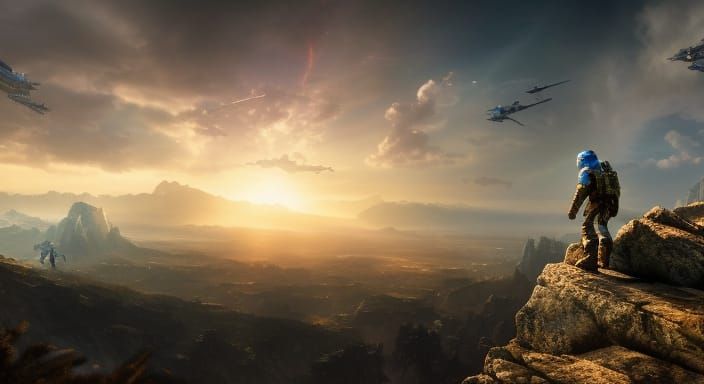 Halo Warrior Overlooking Battle in Hyperrealism