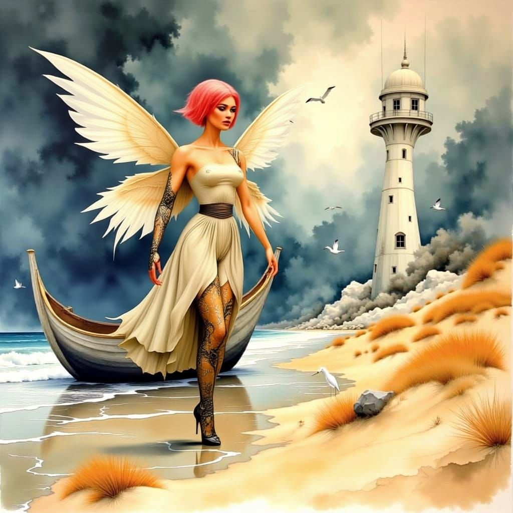 Cyberpunk Fairy in Futuristic Landscape, Ink Wash Style