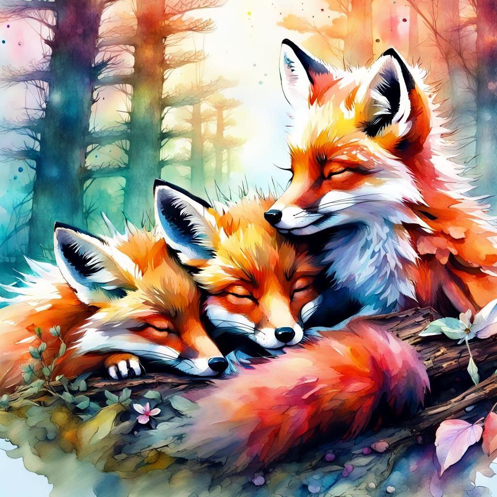 Baby Foxes Sleeping: Digital Watercolor Art