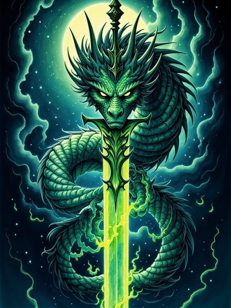 Emerald Dragon Guarding Holy Sword in Fantasy Art
