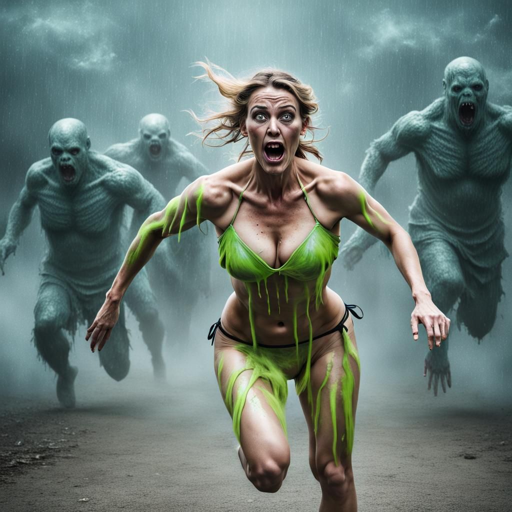Frightened Woman Running From Bikini Monster Ghosts