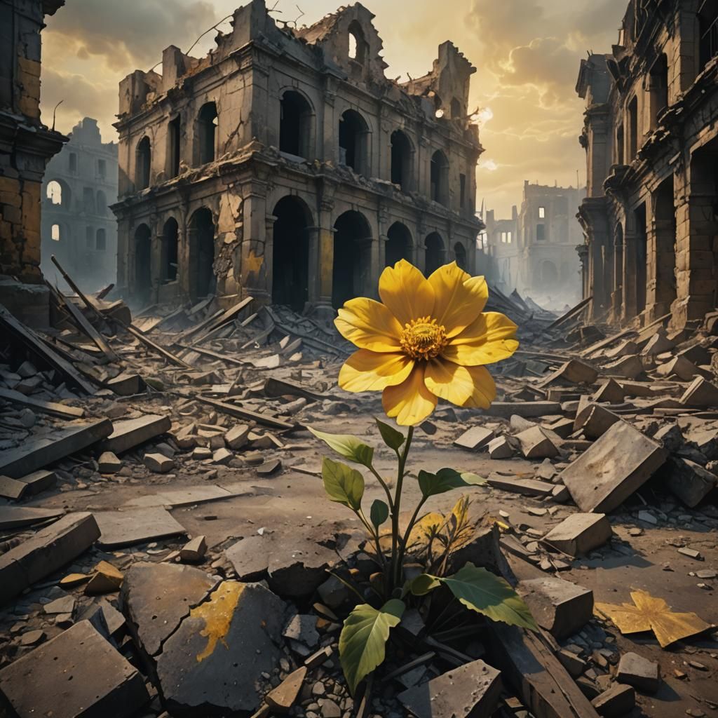 Single Flower Rises in War-Torn City