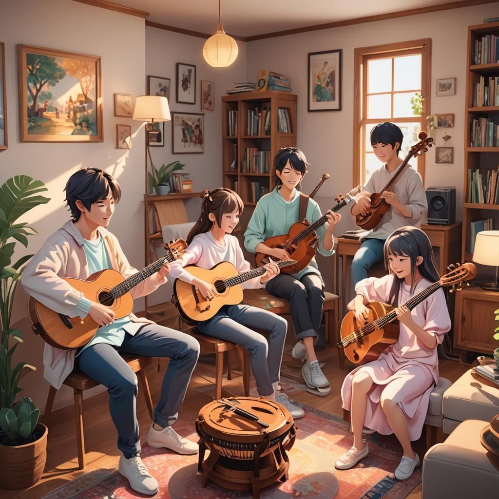 Family's Joyful Music: 3D Anime Art