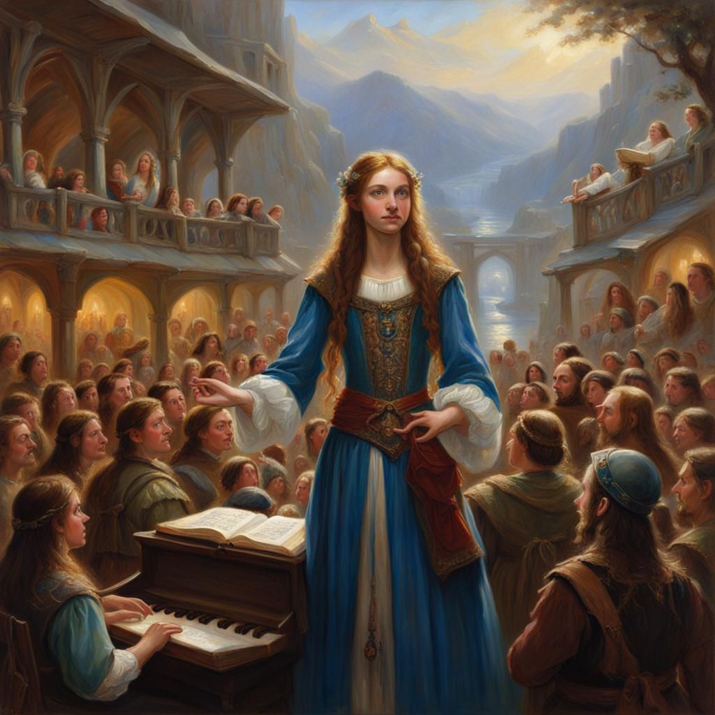 Blue eyed female bard, elf with long wavy brown hair perform...
