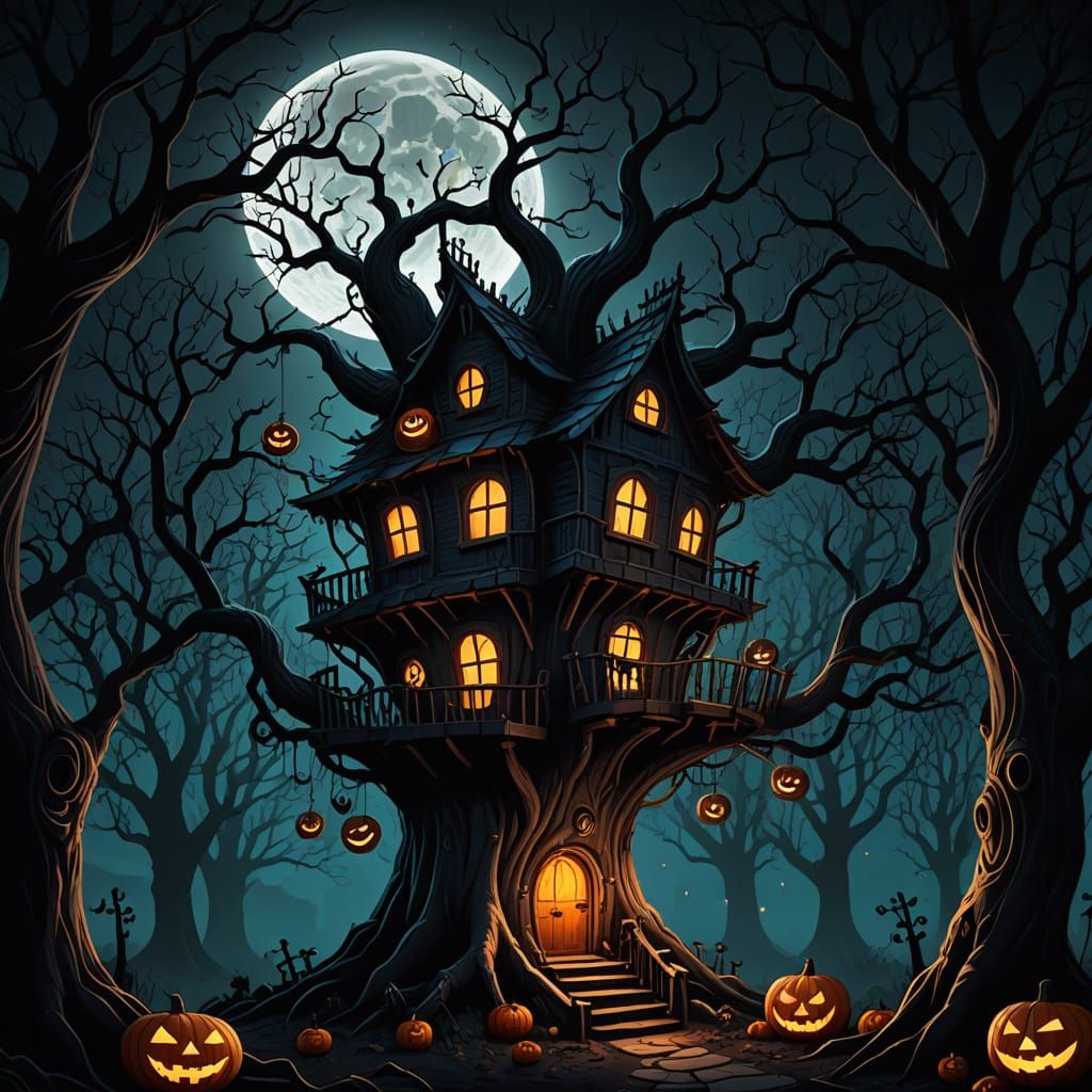 Whimsical Dark Fantasy Treehouse Under Full Moon