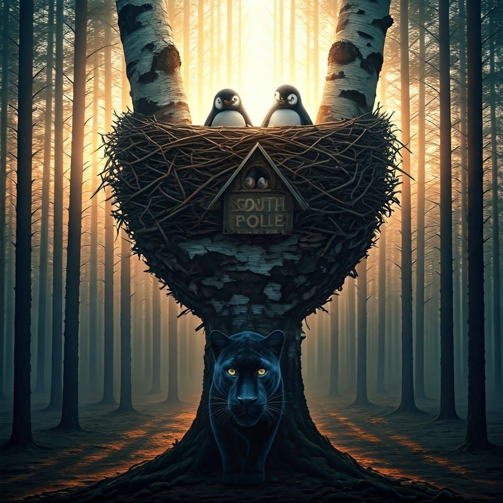 Penguin Nest in Birch Forest with Panther