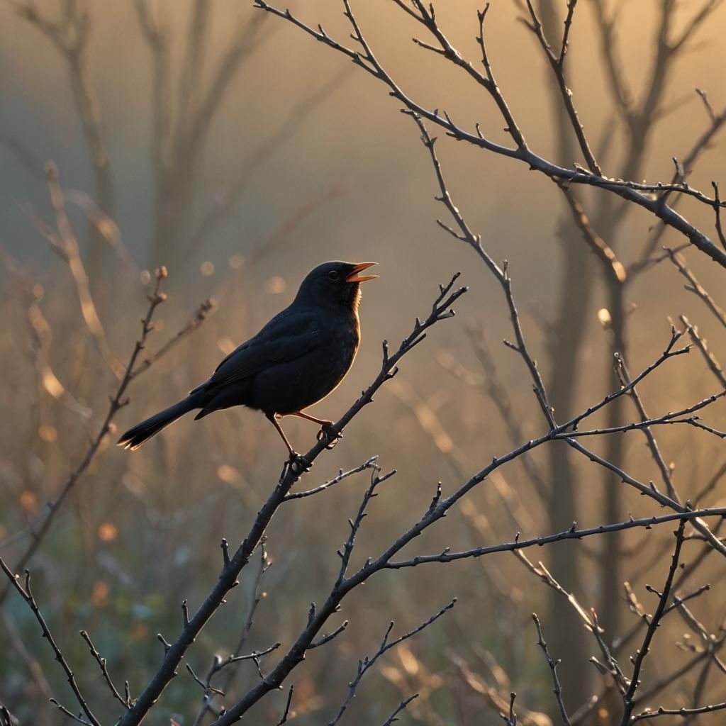 Blackbird Singing in Early Morning Sunlight