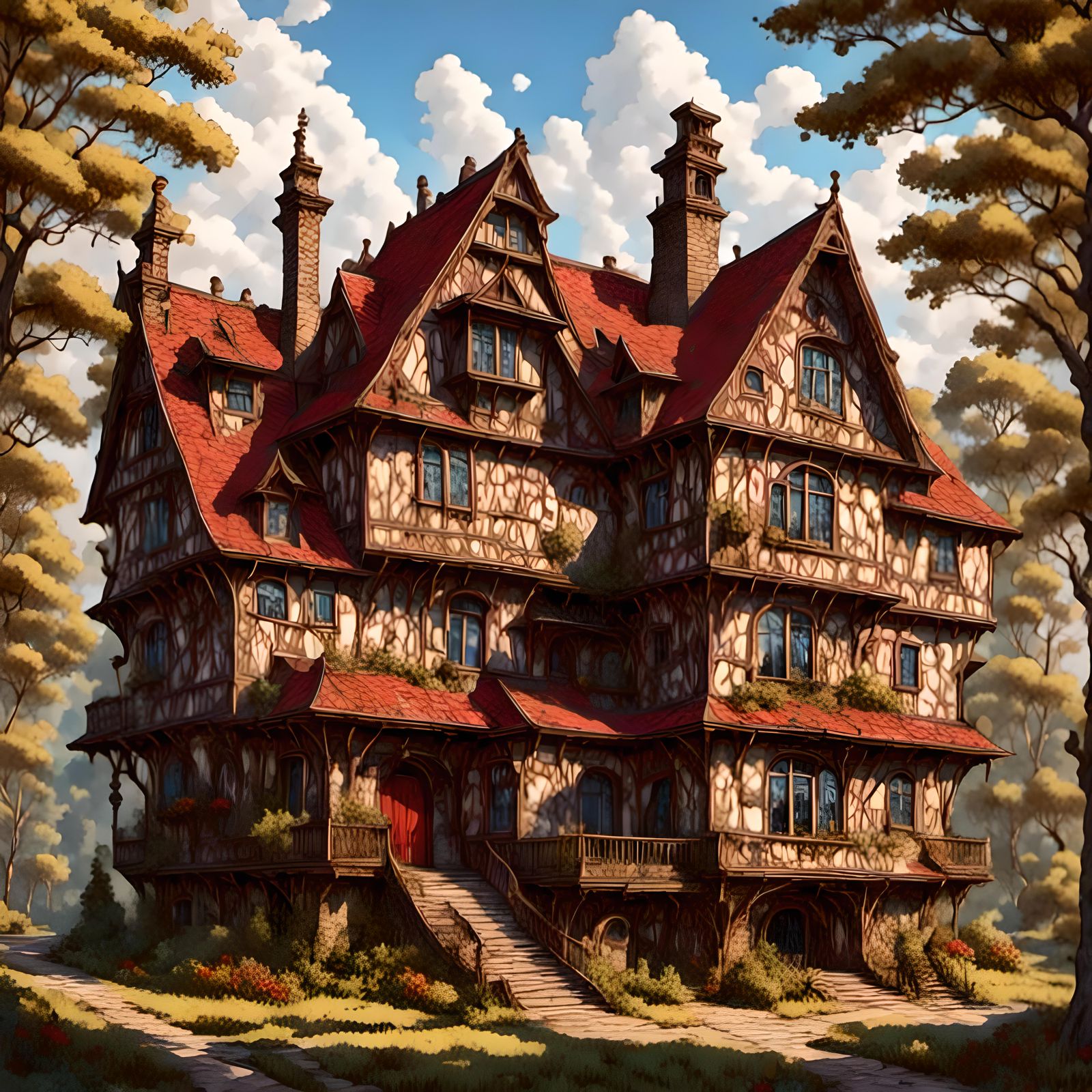 Stately Tudor House with Lush Greenery, Digital Art
