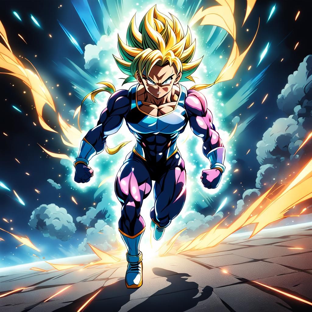 Tough Super Saiyan Woman in 80s Anime Style