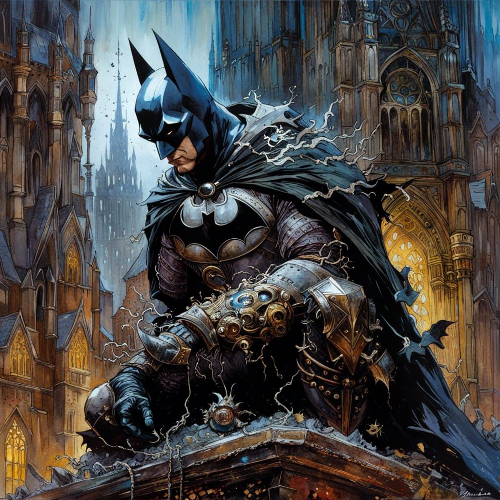 Batman in Dark Fantasy Medieval Cityscape