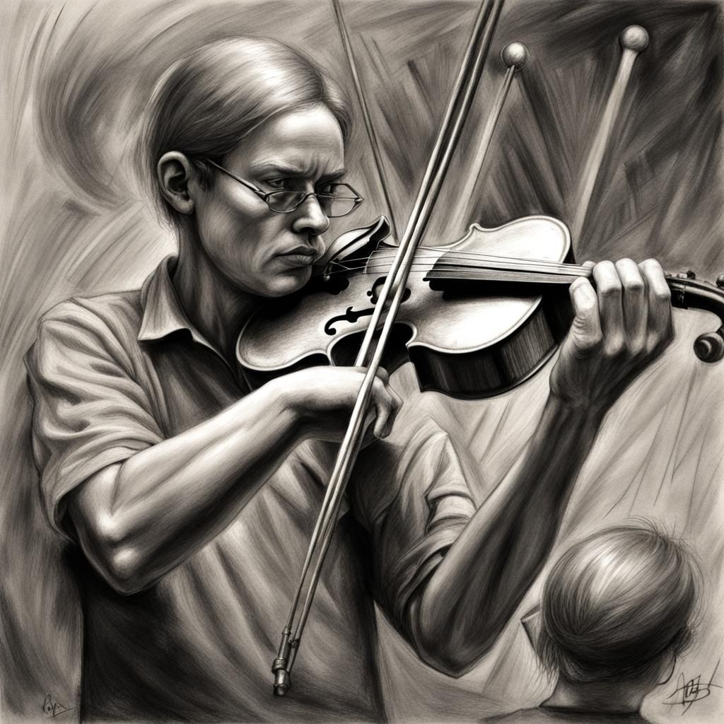 Violin Versus Trombone: Hyperdetailed Charcoal Drawing