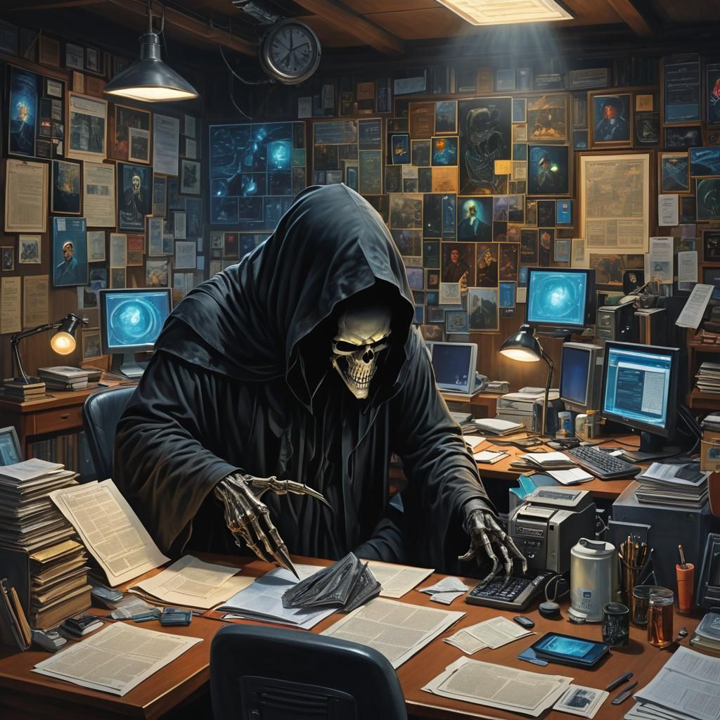 Grim Reaper's Office Job: Cosmic Astral Illustration