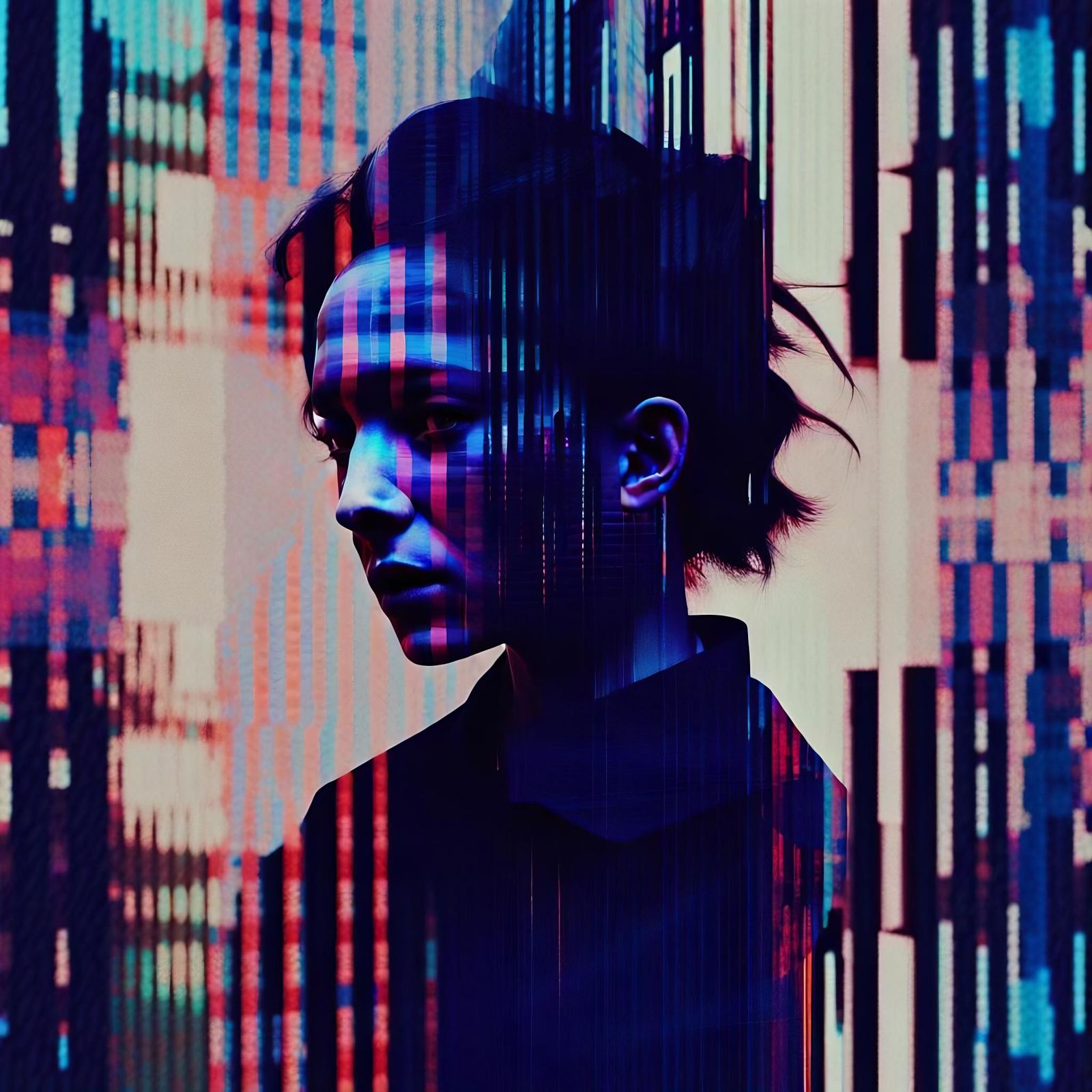 Nightmarish Portrait with Glitches and Double Exposure