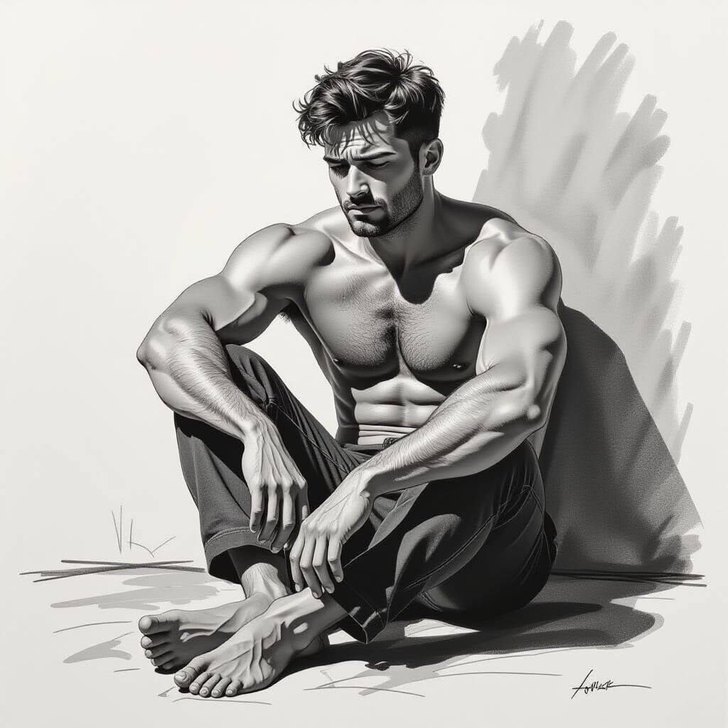 Man's Emotional Fatigue Captured in Pencil Sketch