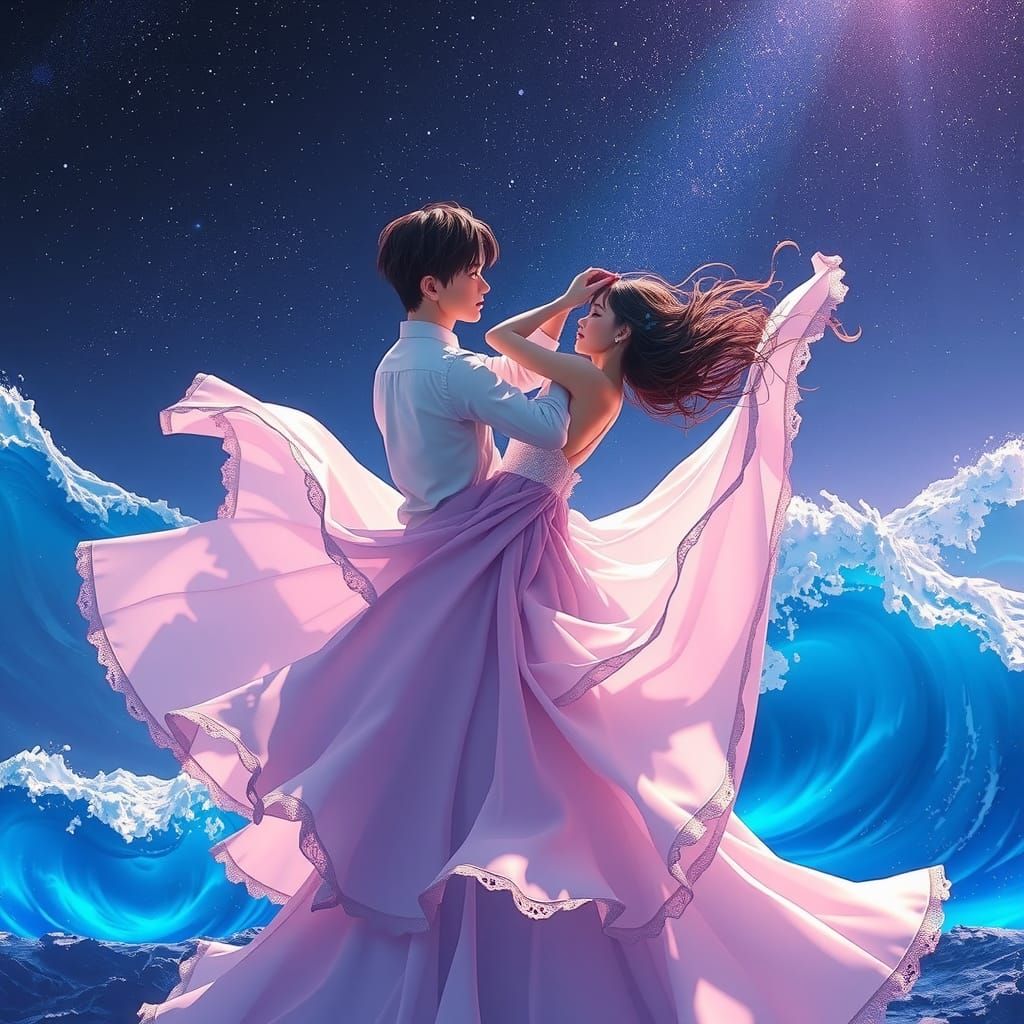 Lovers' Dance in Euphoric Glowing Ocean, in Anime Style