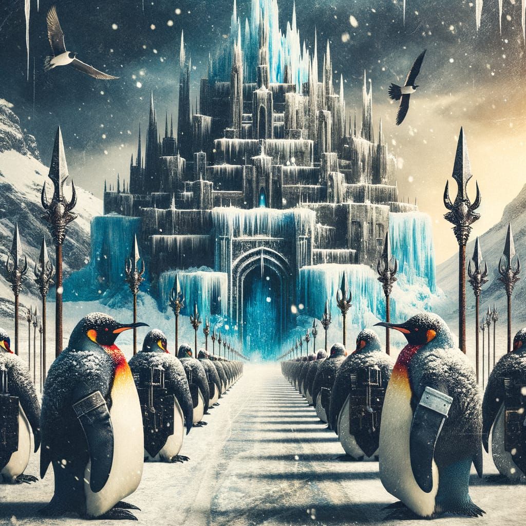 Penguins Guard Winter Palace in Dark Cinematic Scene
