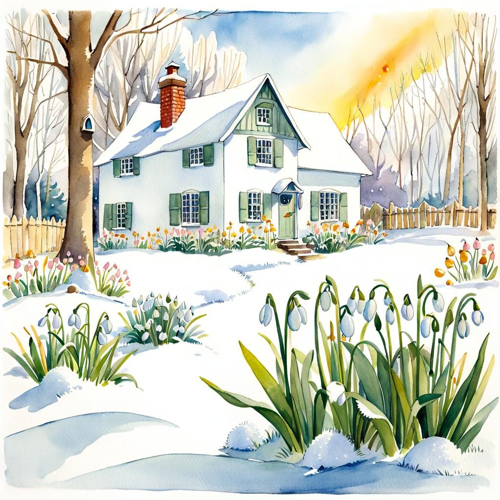 Snowdrops Bloom: A Sunny Watercolor Cottage Illustration