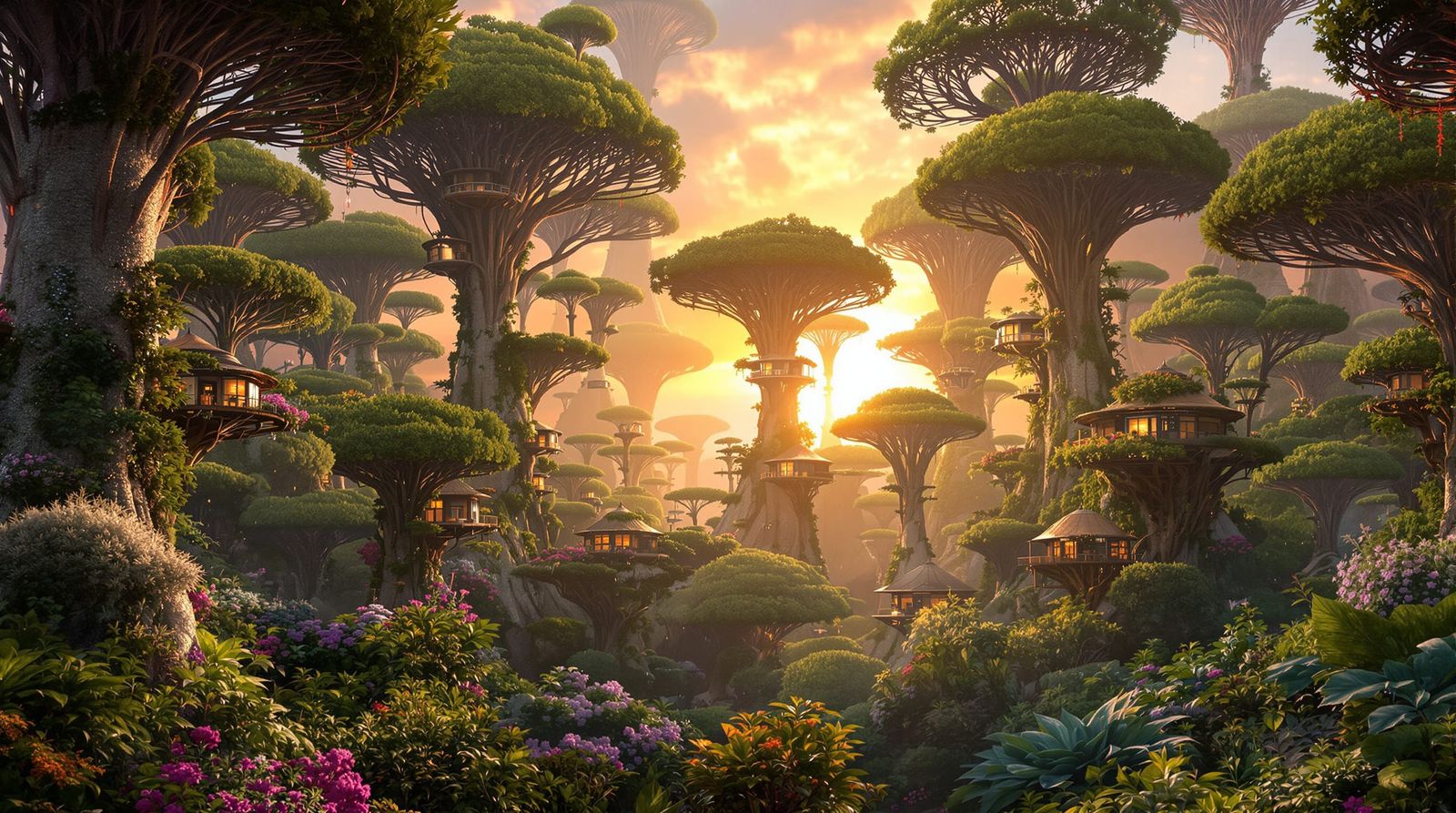 Futuristic Treehouse Village at Golden Hour Sunset