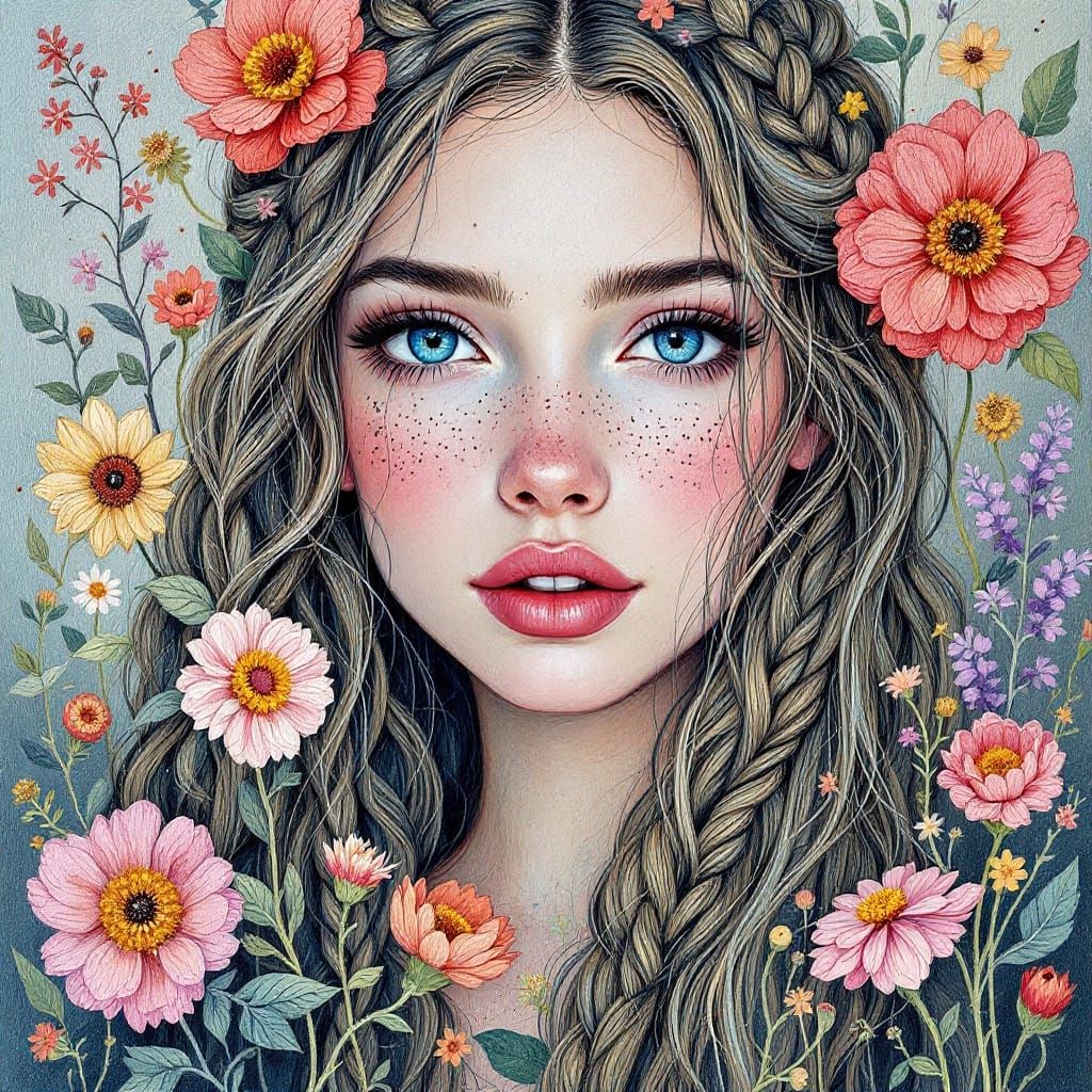 Woman with Intricately Braided Hair in Whimsical Oil Paintin...