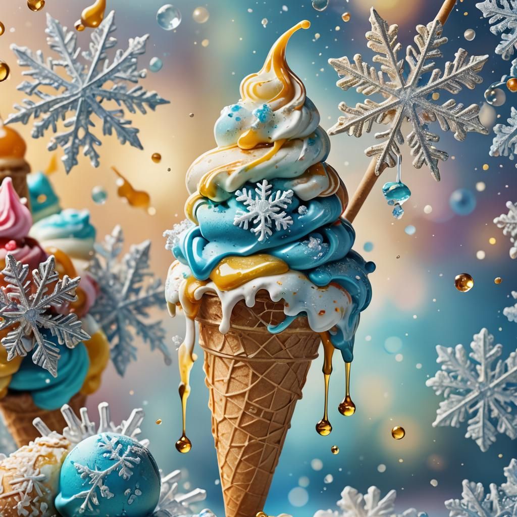 Snowflake on Melting Ice Cream: Surreal Macro Photo