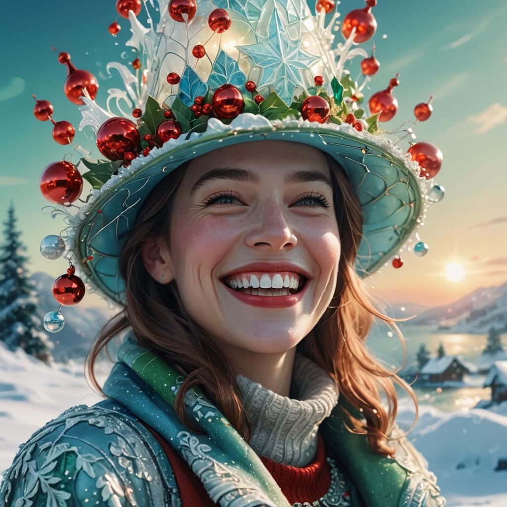 Glowing Christmas Hat in Winter Seascape: Digital Art