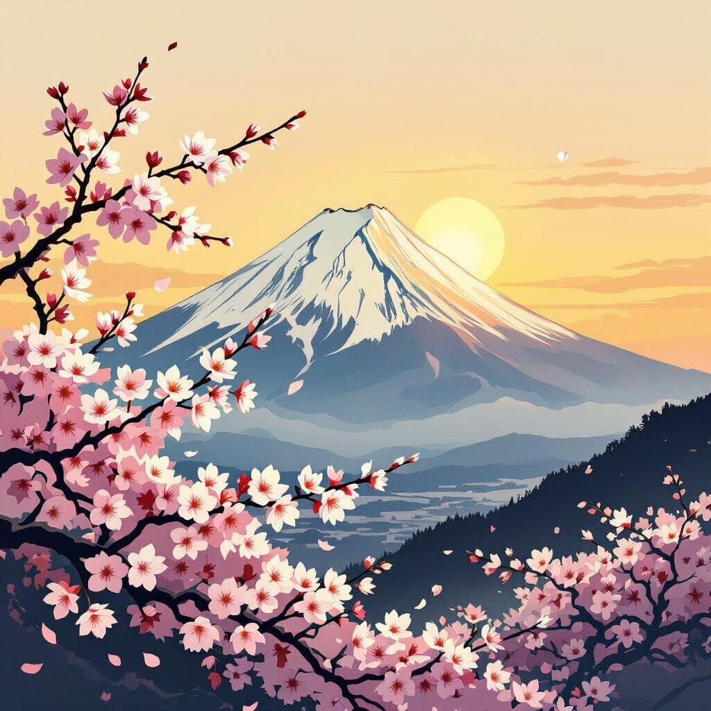Mount Fuji Sunrise with Cherry Blossoms in Ukiyo-e Style
