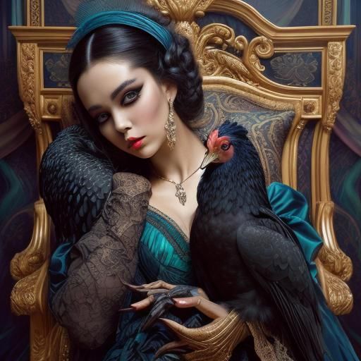 Enigmatic Figure Cuddles Chicken in Ornate Location