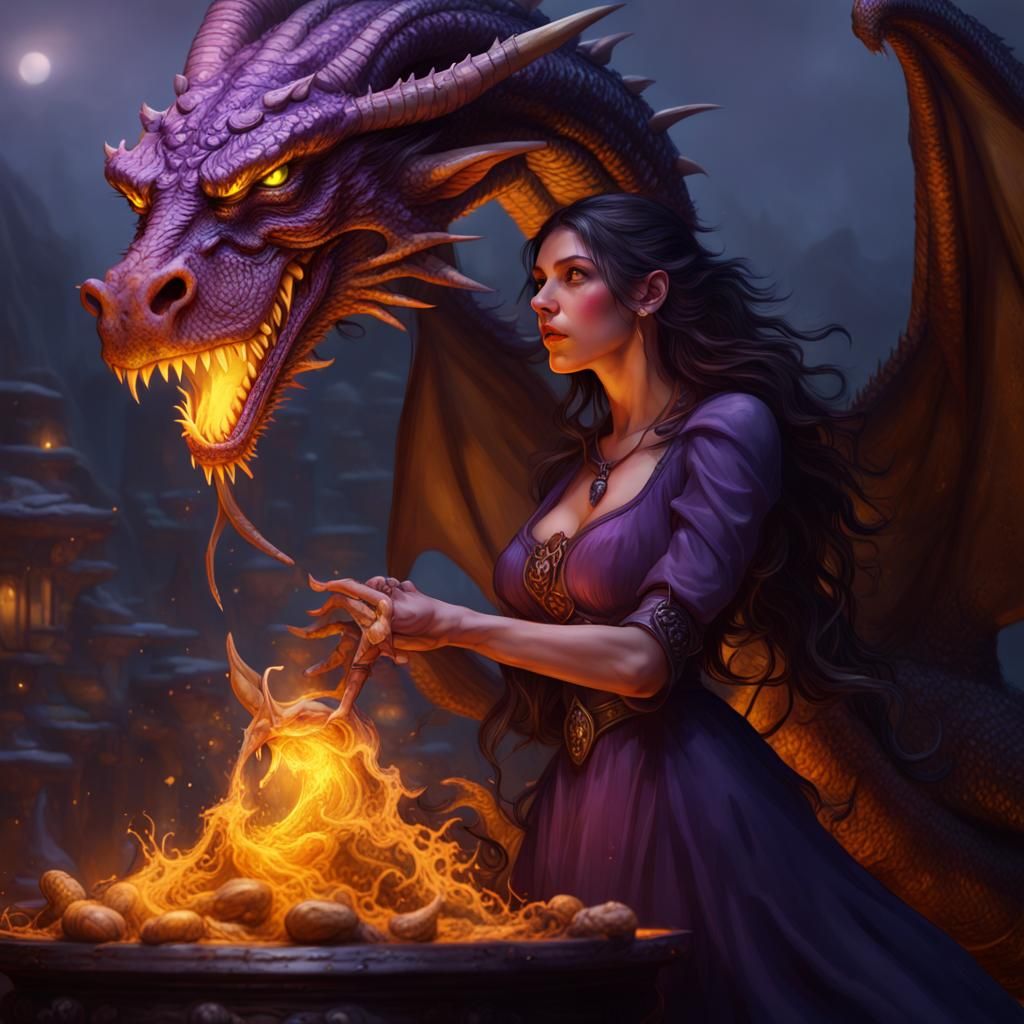 Witch and Dragon in Dark Fantasy Style