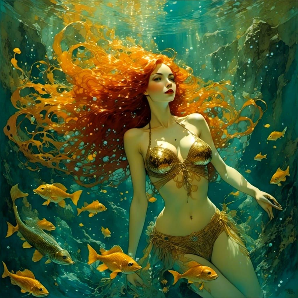 Copper Bikini Woman in Underwater Fauvist Scene