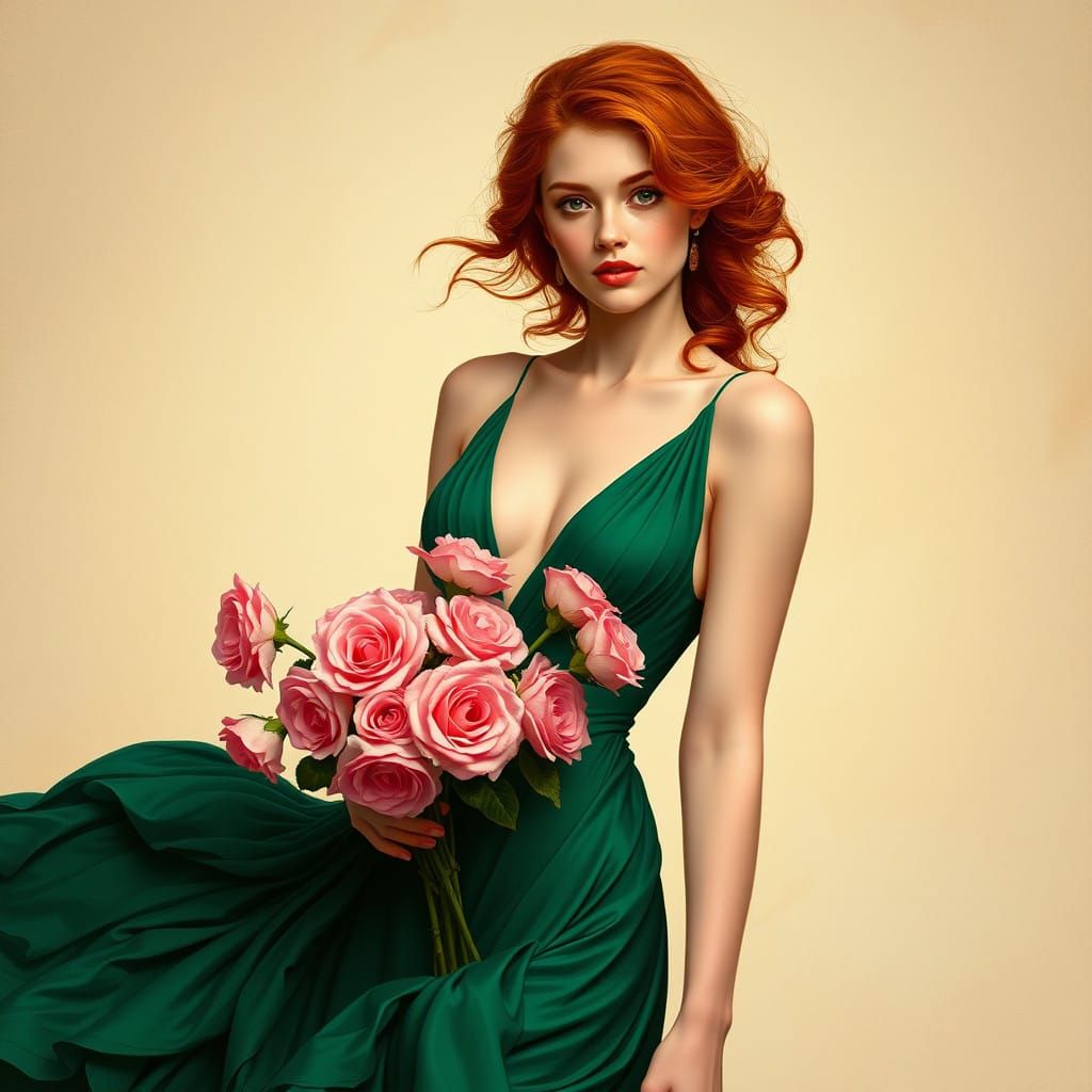 Romantic Redhead in Emerald Gown with Pink Roses