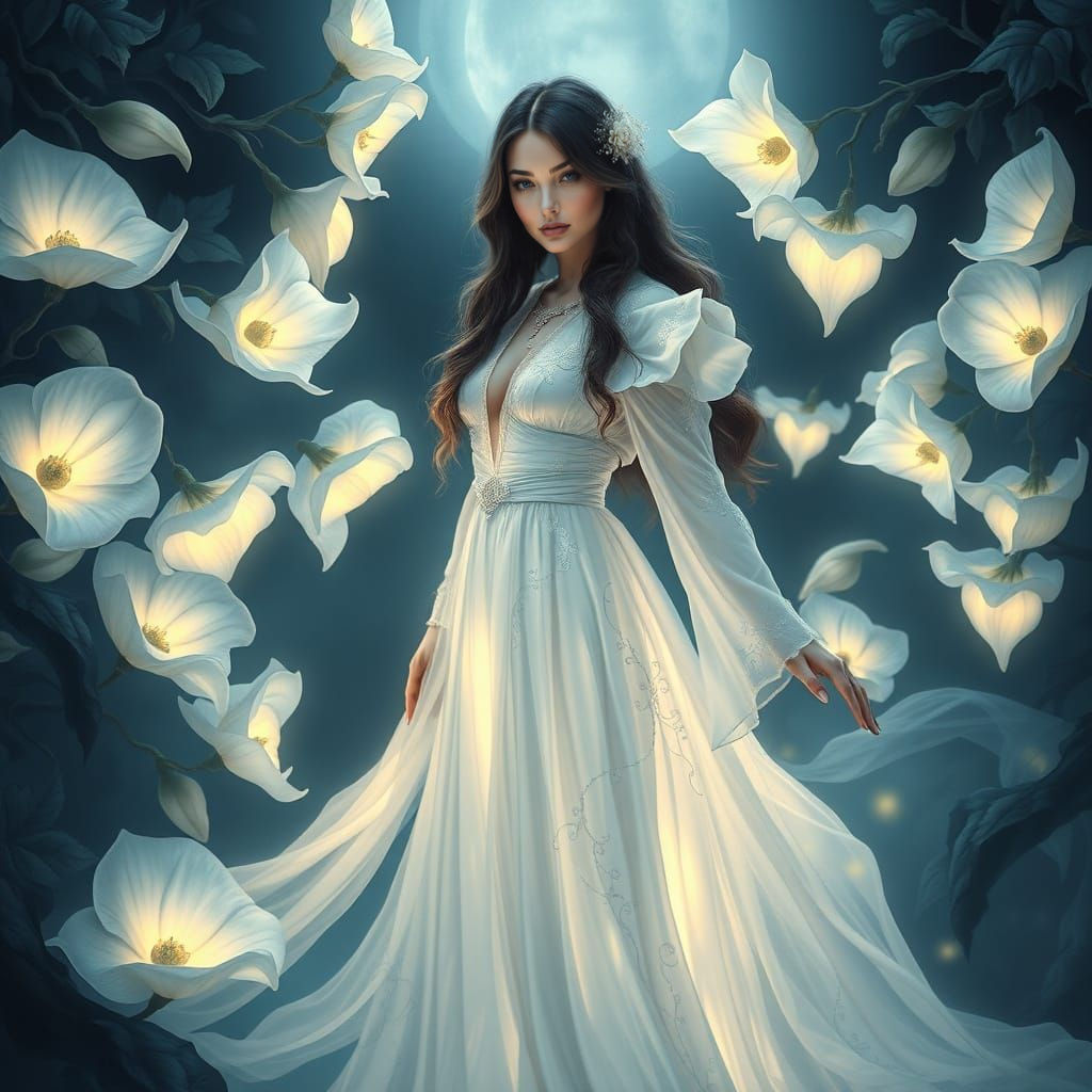 “Heavenly Bodies” – The Moonflower’s Prophecy (Ipomoea alba – Moonflower)
🌿 Night-Blooming, Luminous, Dreamy

Palette:
...