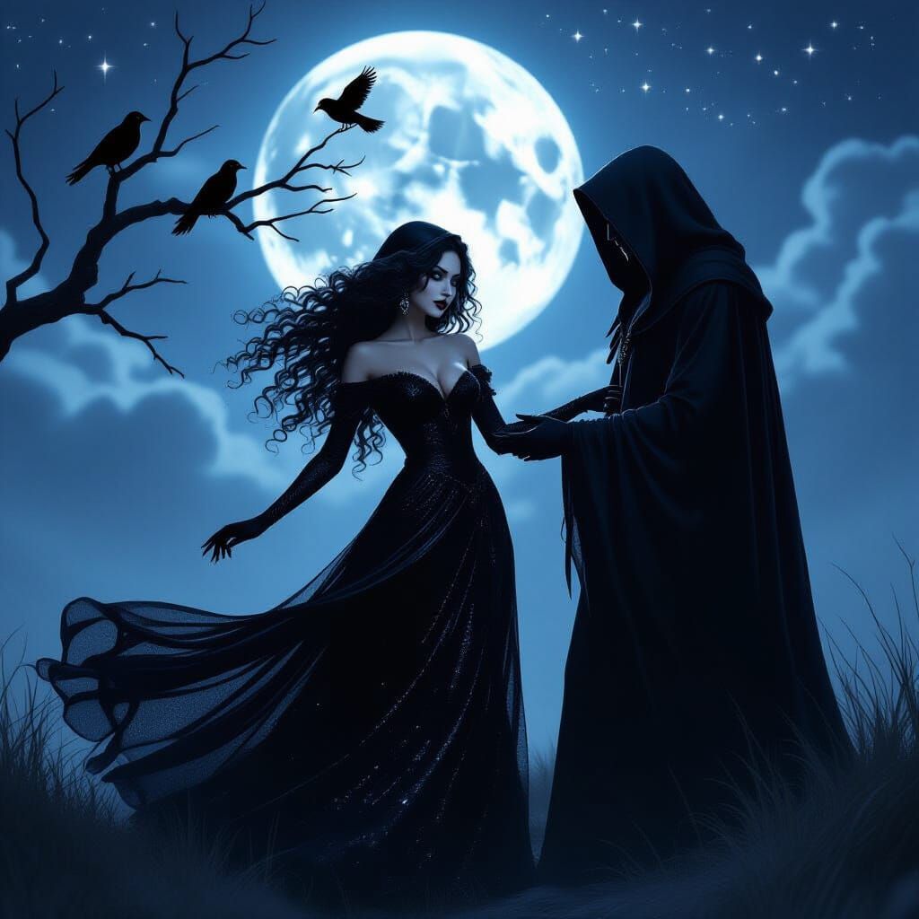 Gothic Maiden Dancing with Hooded Figure in Moonlight