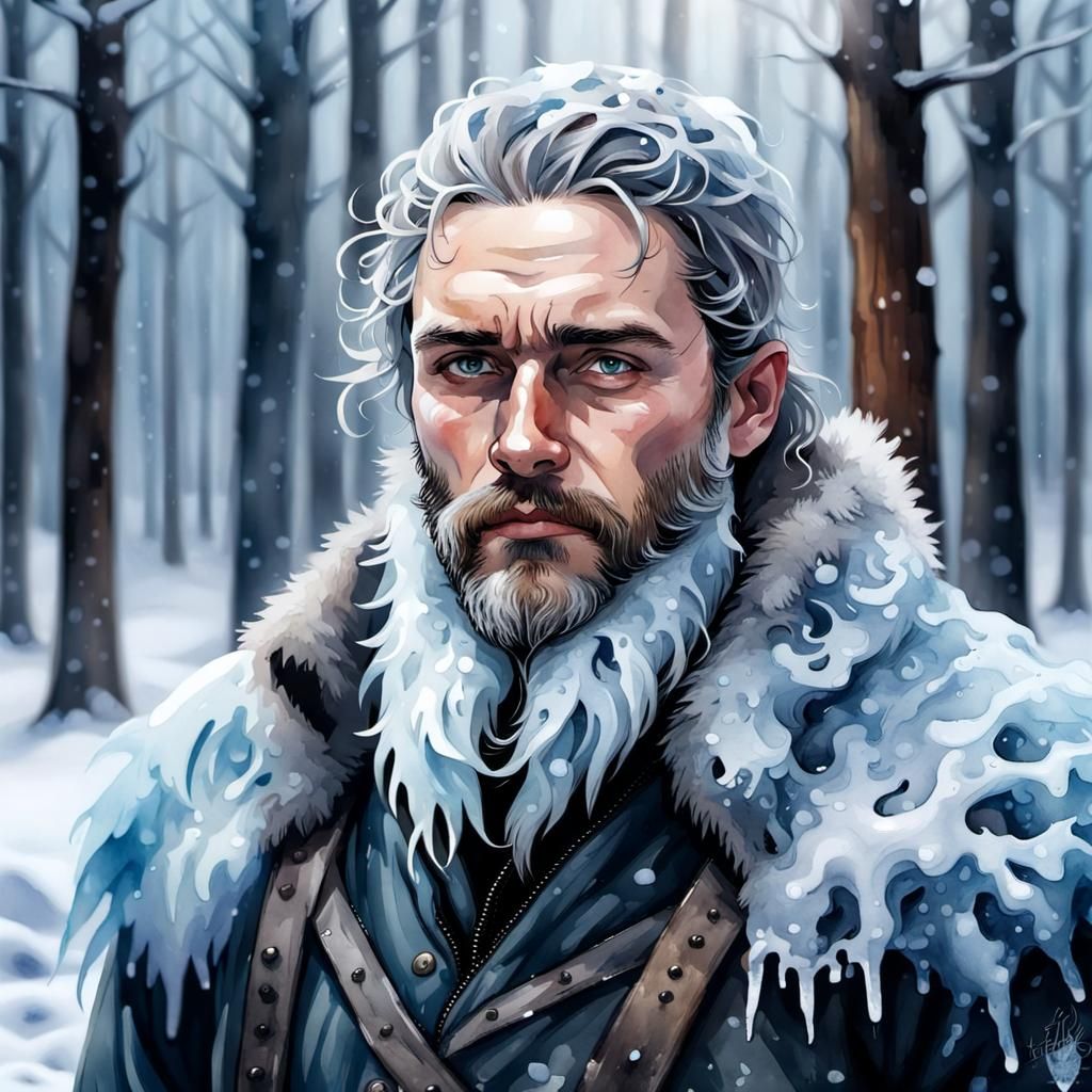 Icy Bearded Man Portrait in Watercolor Style