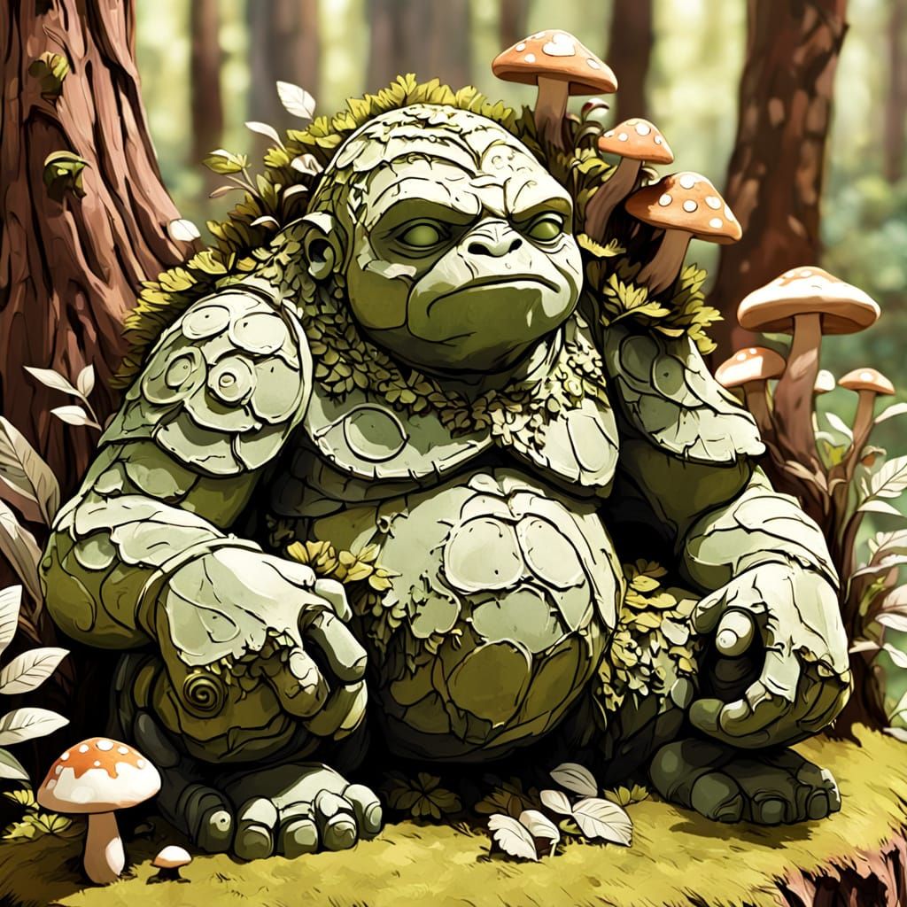 Mossy Golem Sculpture with Clay Birds, Earthy Art