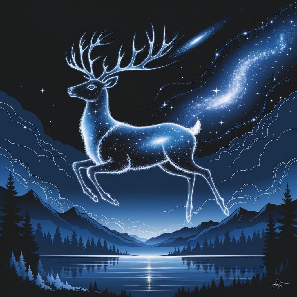 Celestial Deer Constellation in Indigo Night Sky