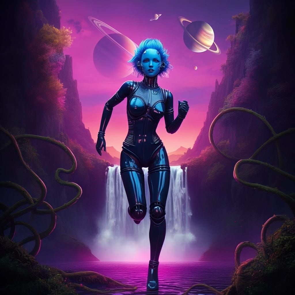 Cyborg Goddess in Vibrant Neon Apocalypse