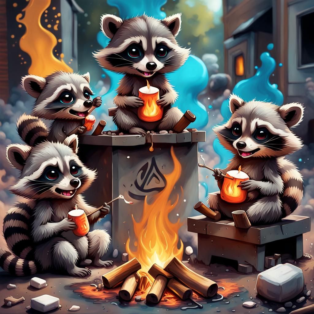 Chibi Raccoons Roasting Marshmallows, Graffiti Art