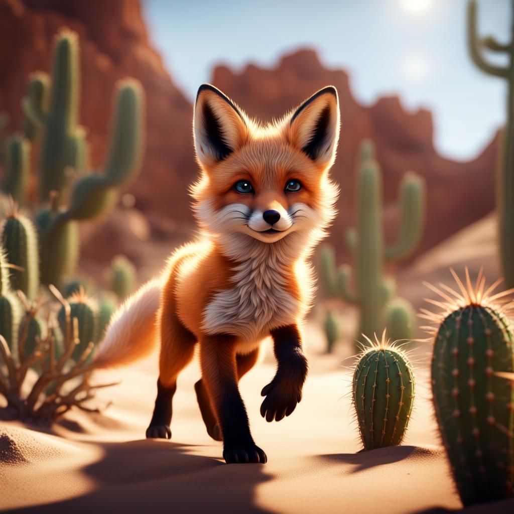 Fox Pup Runs Through Desert Landscape