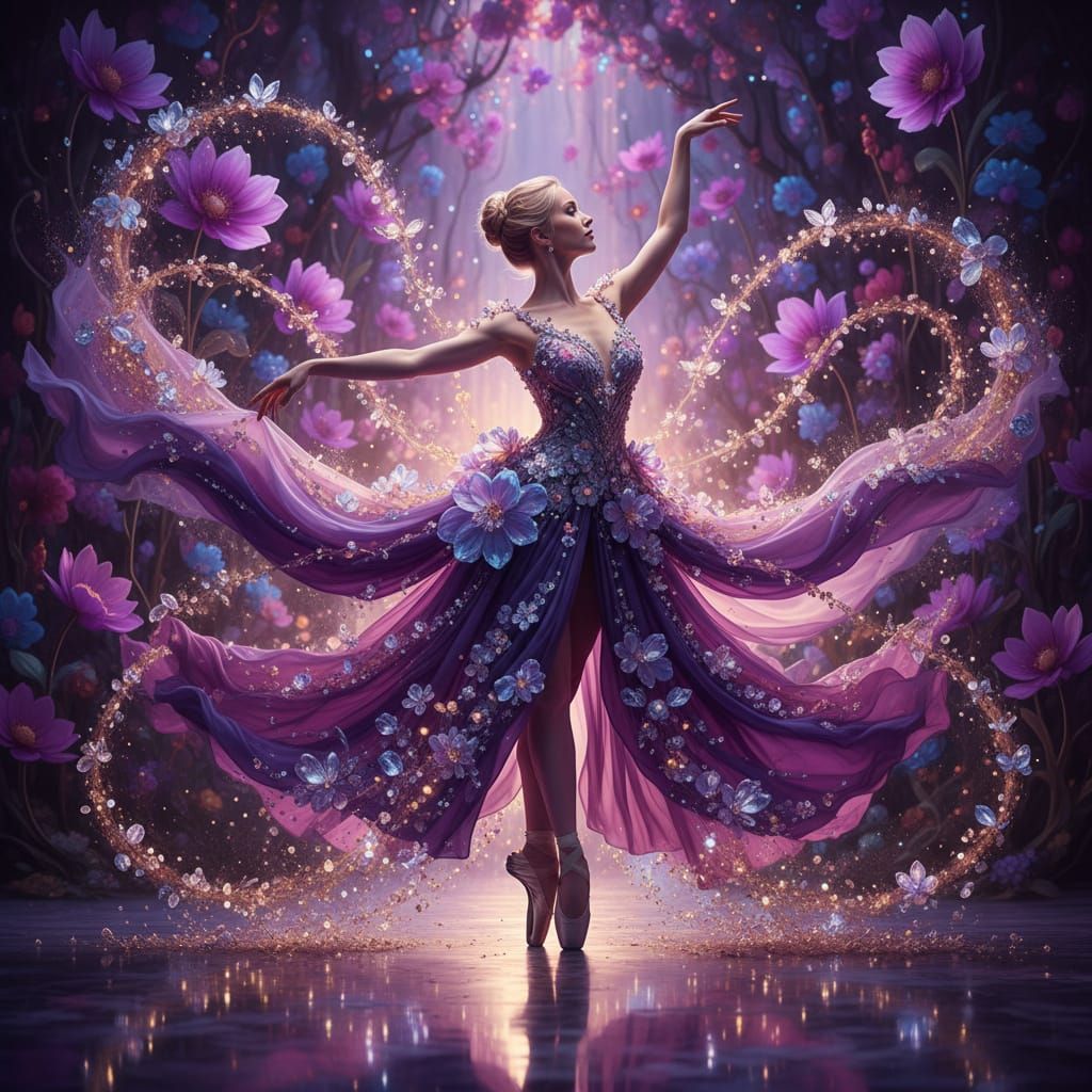 Surreal Ballet Dancer in Lavender Dress with Golden Shimmer