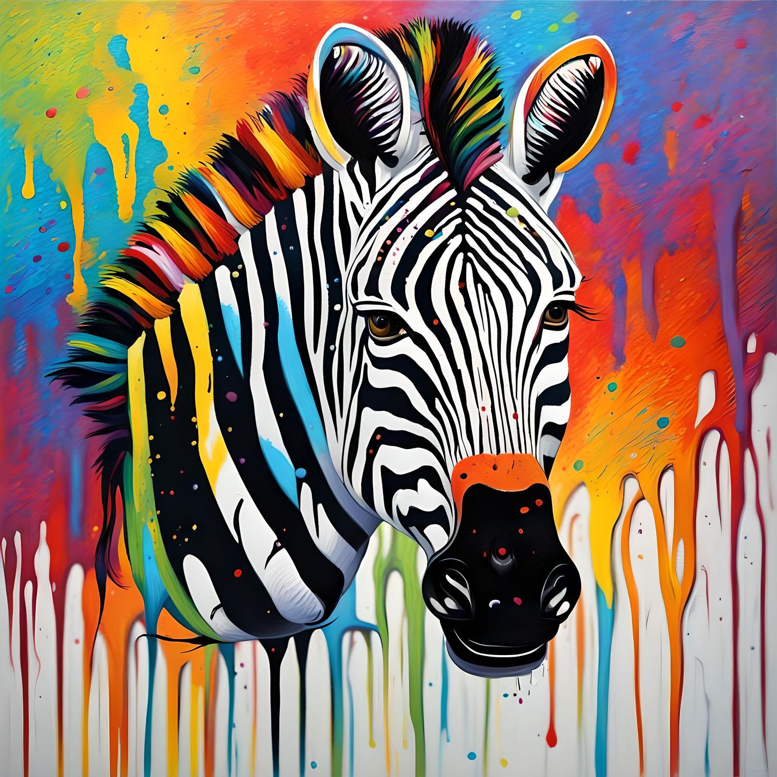 Rainbow Zebra in Splattered Paint, Expressionist Oil Paintin...
