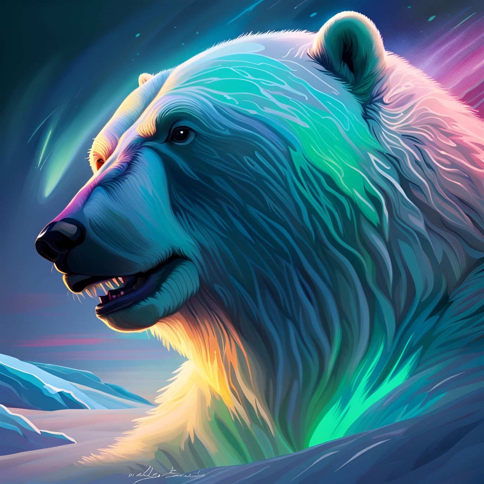 Polar Bear Under Northern Lights in Splash Art Style