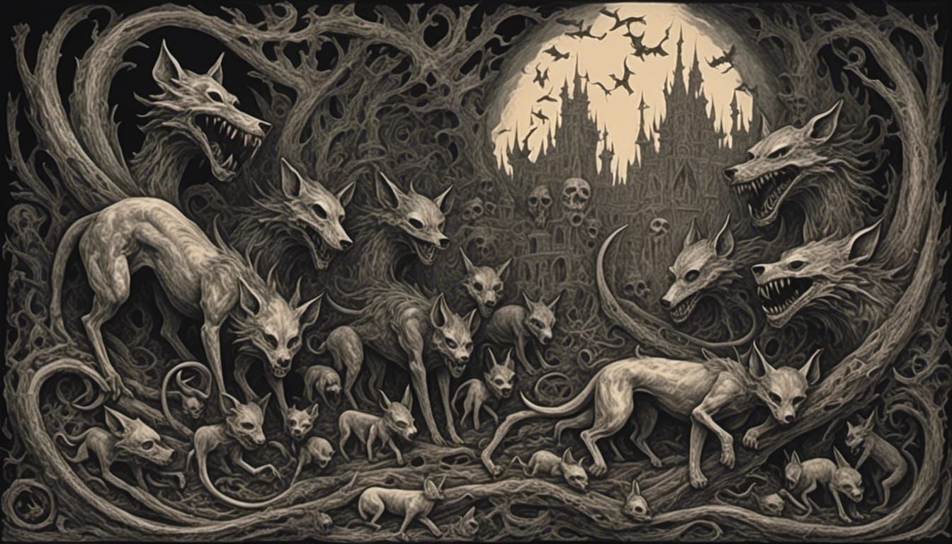 <lora:The Howling:1.0>
IMAX with Lyrical abstraction of satanic Jackals, ominously art Brut influenced digital illustra...