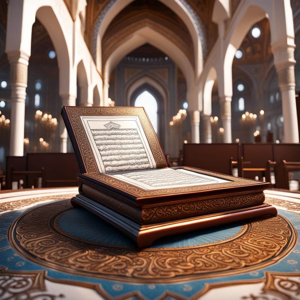 Hyperrealistic Holy Quran in Grand Mosque Interior