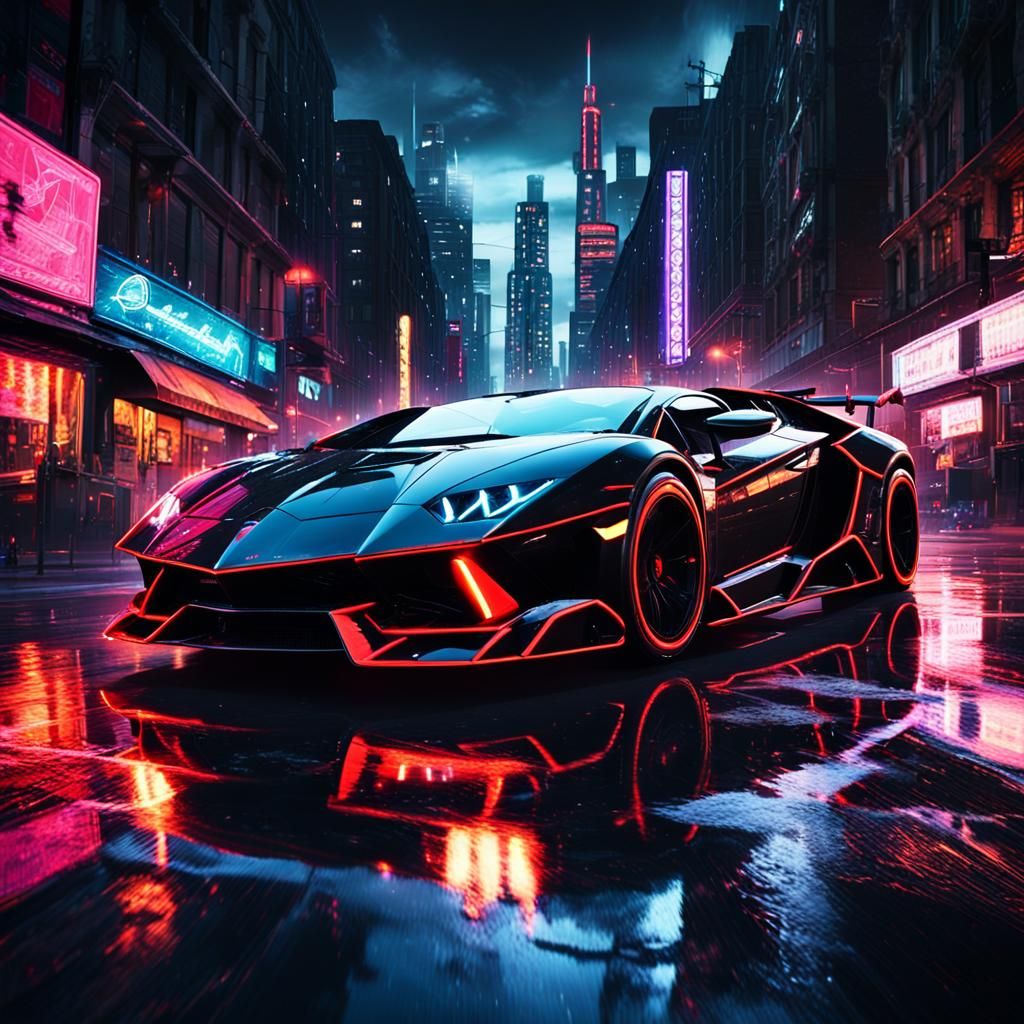 Lamborghini Batmobile in Dark Cityscape: Digital Art