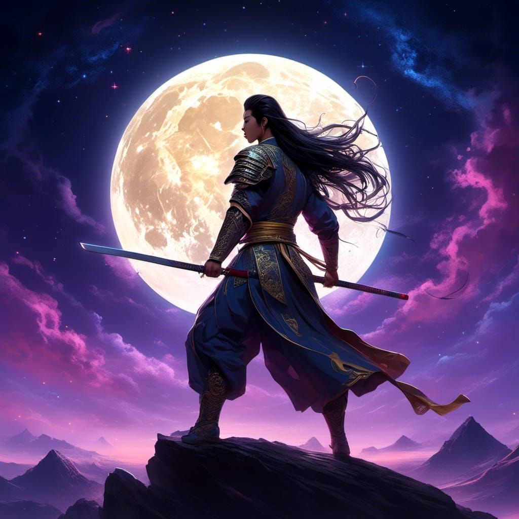 Chinese Warrior Performing Martial Arts in Twilight