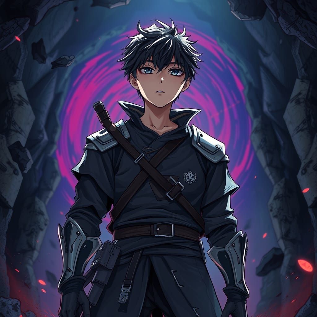 Epic Anime-Style Hunter Stands Ready in Dungeon Portal