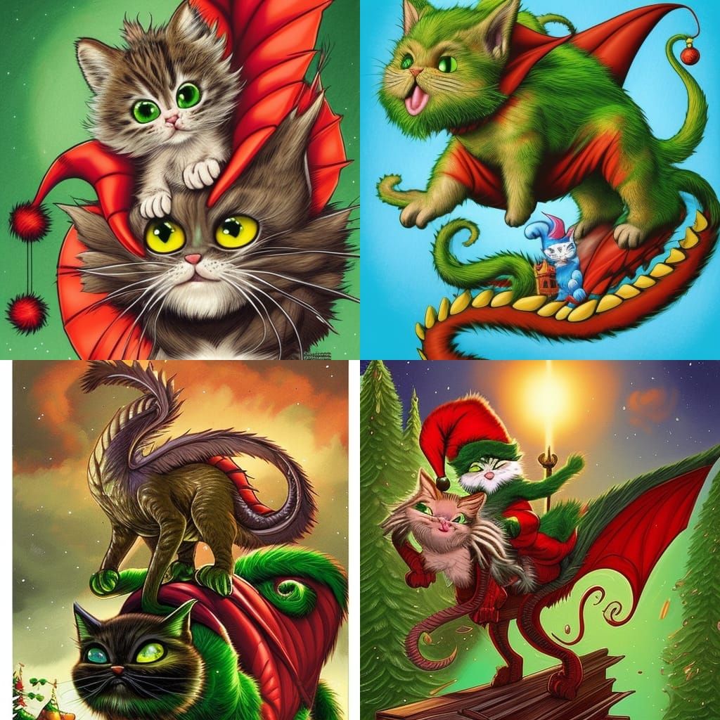 Kitten Grinch Rides Dragon in Comic Art Style
